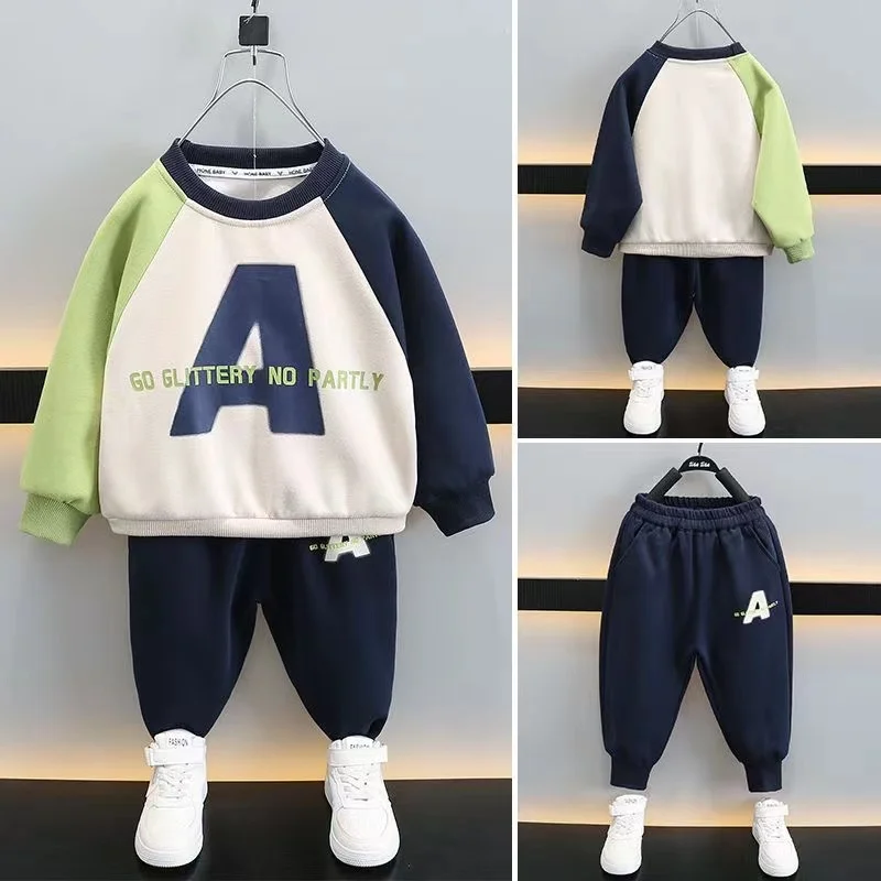 

Kids Cotton Set Color Splicing Spring Autumn Clothes Letter Long Sleeve Pullover Shirt Tops And Pants 2PCS Baby Boy Sport Outfit