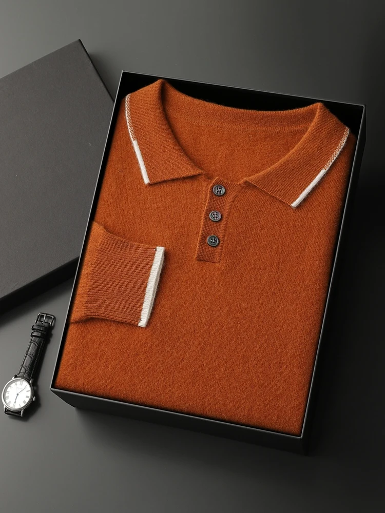 Men's 100% Cashmere Polo Sweater Autumn Winter Basic Smart Casual Long Sleeve Pullover Cashmere Knitwear Soft Comfy Clothing Top 6