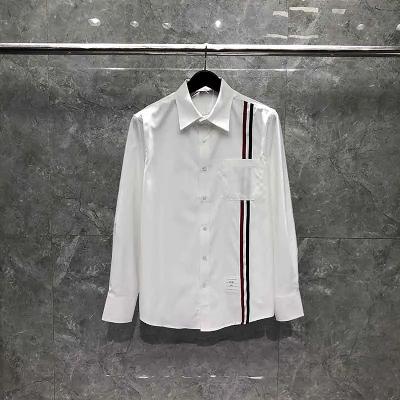 Classic TB Women Blouses Korean Style Fashion Striped Tops Female Lapel Long Sleeve Pockets Loose Casual Shirts Unisex Couples unisex pinafore canvas bib apron pockets custom logo barber roasting cafe gardening wood working uniform workwear clothes