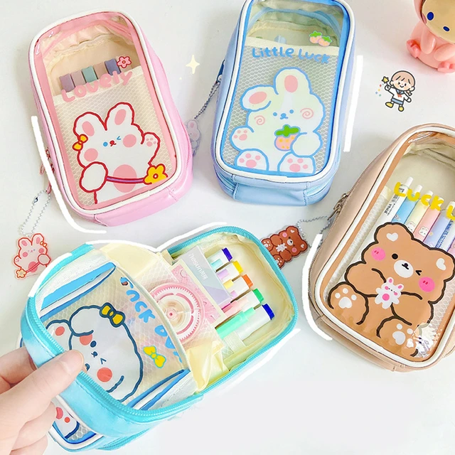 Buy Pen case, large capacity, three-layer pencil case, transparent, clear,  pencil case, pen pouch, bag, cute, bear, rabbit, stationery bag,  stationery, accessory case, cosmetics storage, for middle and elementary  school students, high