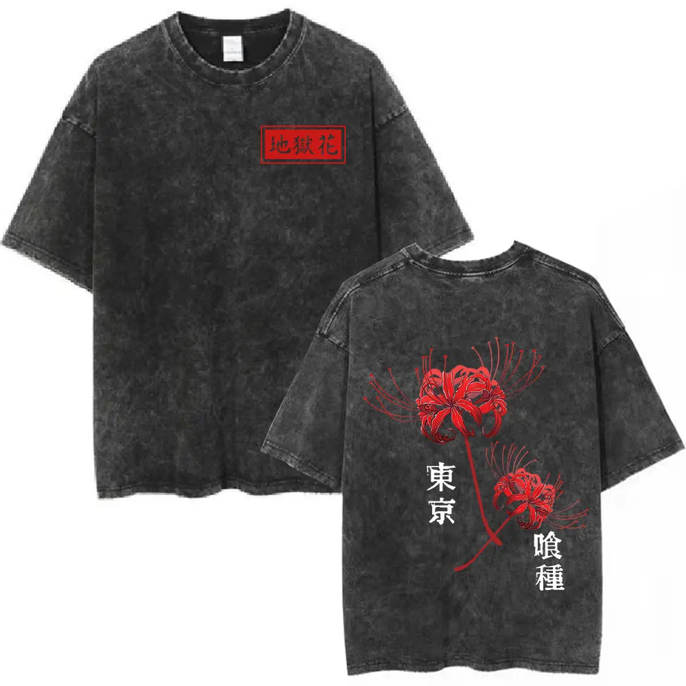 Anime Tokyo Ghoul Spinne Lilie Vintage Gewaschen T Shirt Männer Frauen Kaneki Ken Manga Graphic Tee Shirt Coole Baumwolle T-Shirts Übergroßen