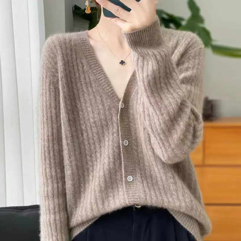 New Hollow Cardigan V-neck Love Jacquard Casual Elegant Wool Knitted Coat For Women
