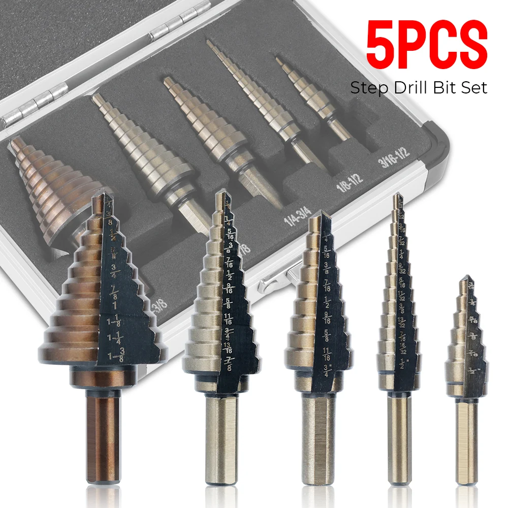 

For Metal Wood Step Cone Drill Step Drill Bit Set Hole Cutter Drill Tool Hss Cobalt Multiple Hole Drilling Tool 5pcs