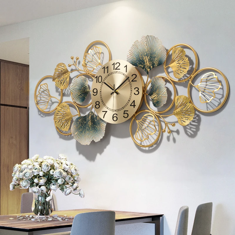 

Chinese Luxury Wrought Iron Ginkgo Leaf Wall Clock Home Livingroom Wall Hanging Decoration Porch Background Wall Sticker Crafts