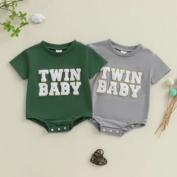 Toddler Boys Summer Romper Set Twin Baby Outfit Casual Short Sleeve Jumpsuit with Letter Embroidery for Newborns Adorable 2