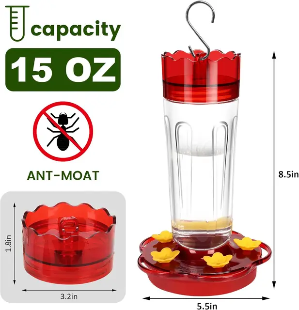 Plastic Hummingbird Feeders for Outdoors Hanging Ant and Bee Proof,  Red Hummingbird Feeder with 5 Feeding Ports and Perches 6