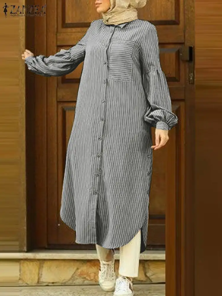 

Винтажный кафтан ZANZEA Eid Mubarek, модное платье в полоску в мусульманском стиле, женский элегантный сарафан с длинным рукавом и отворотом, сарафан 2024