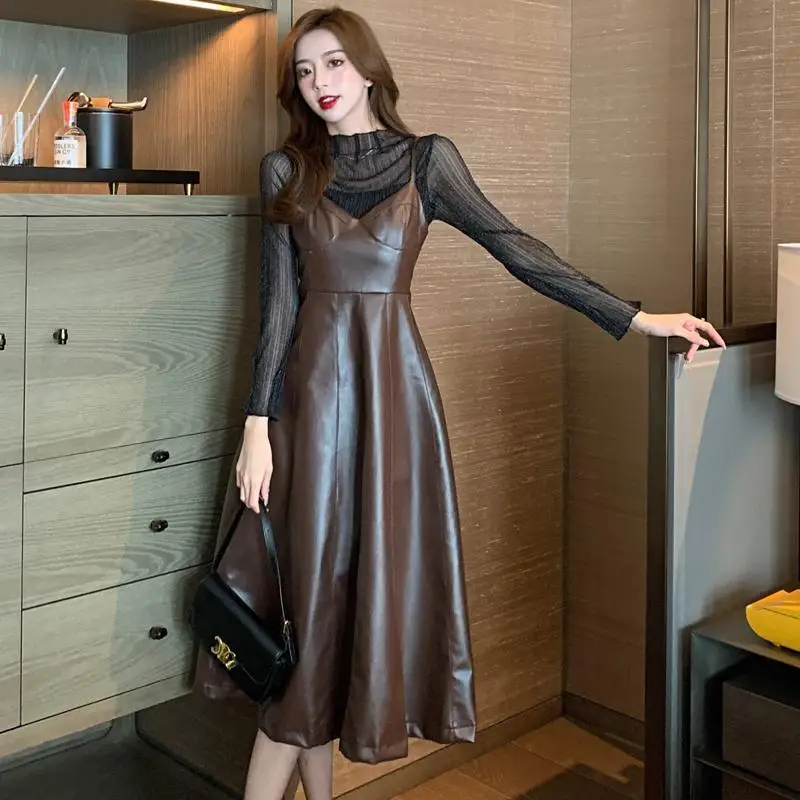 

Women Fashion Two Piece Sets Spring Long-Sleeved Tops High Waist Long Pu Dresses Suit Ladies Casual Clothes Set Outfits E501