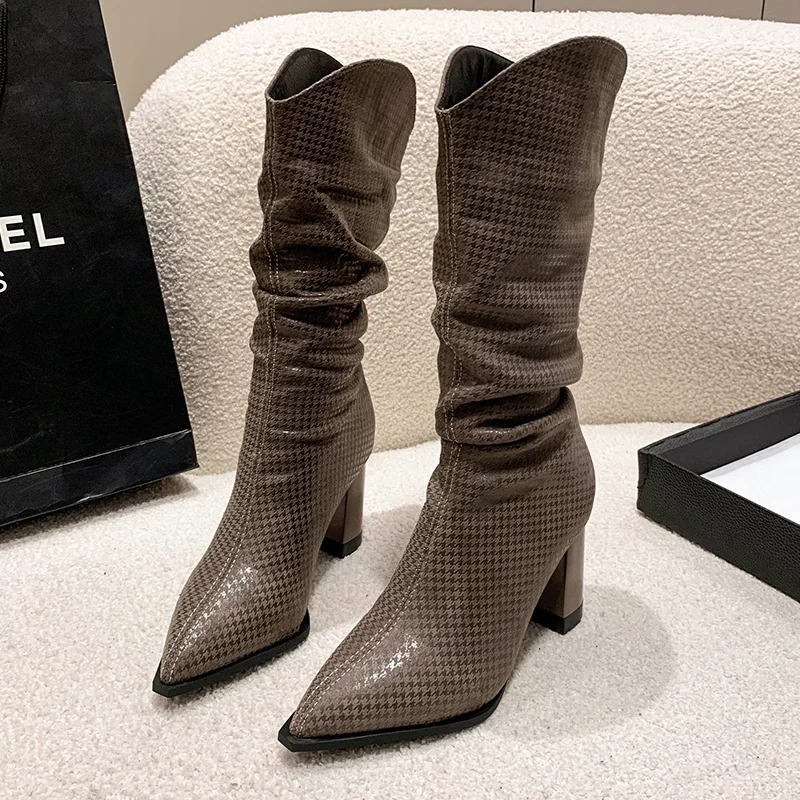 

2023 New Women's Knee High Boots PU Leather Pointed Toe Women's Square High Heel Boots Women's Shoes Women Shoes Platform Boots