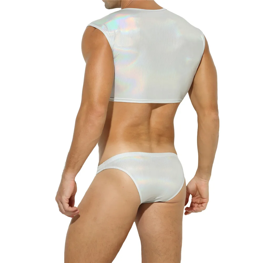Sexy Shiny Mens Clothes Set Faux Leather Crop Tops Nightclub Sexy Chest Harness Mini Vests + Boxer Briefs Men Underwear Clubwear