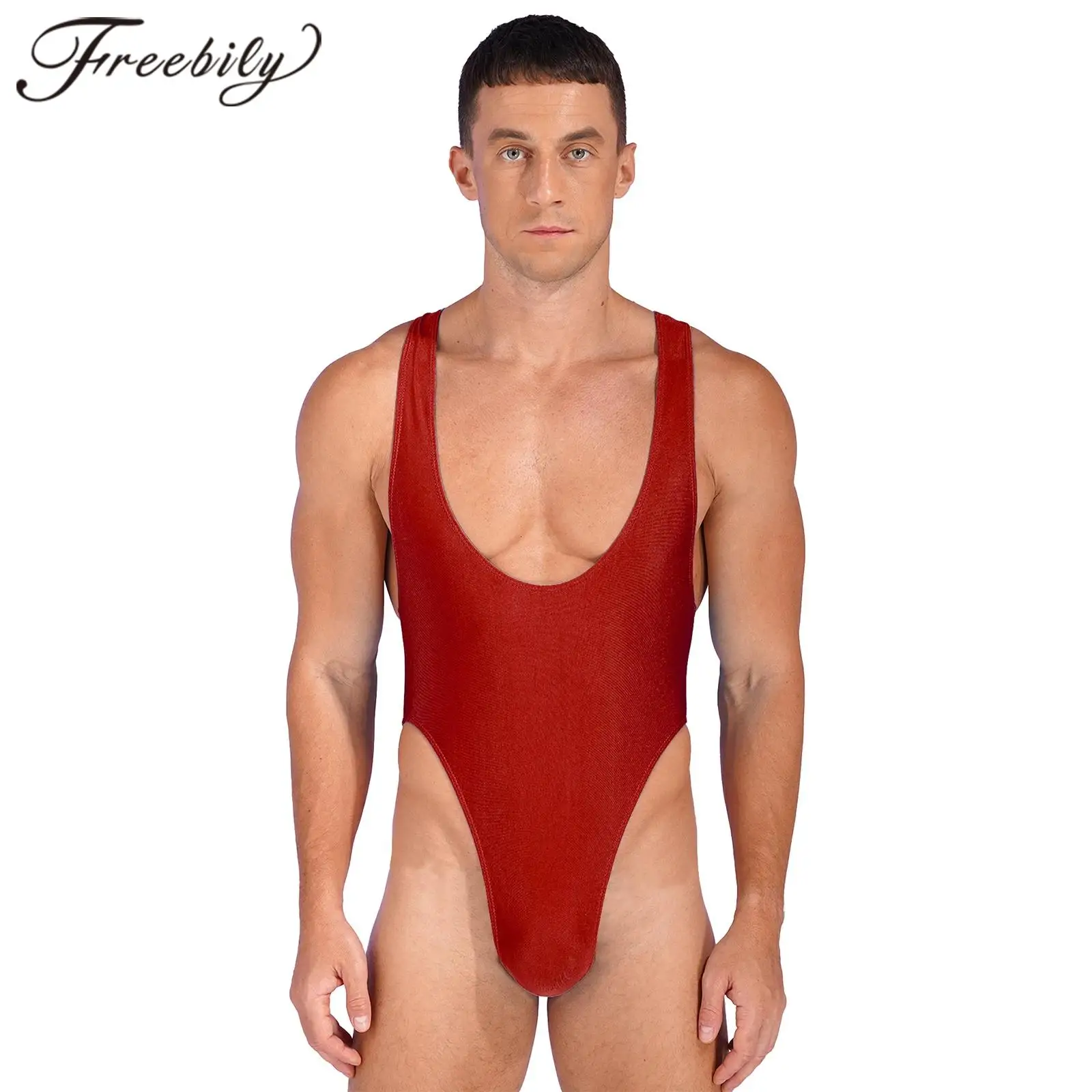 

Swimwear for Mens Swimsuits Sleeveless Deep U Neck Bodysuit One Piece Solid Color High Cut Leotard Swimsuit Homme Beachwear