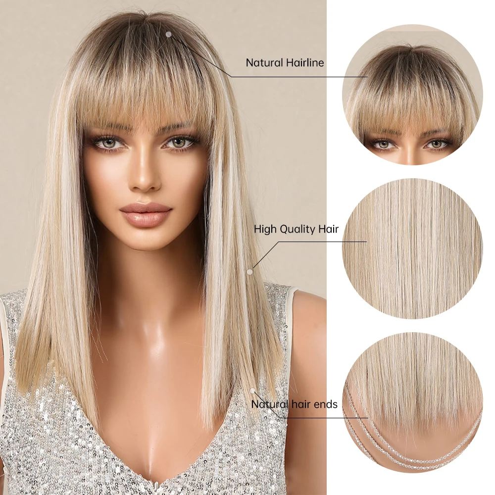 HENRY MARGU Blonde Silky Straight Synthetic Wigs with Bangs Medium Long Natural Platinum Wig for Women Cosplay Heat Resistant