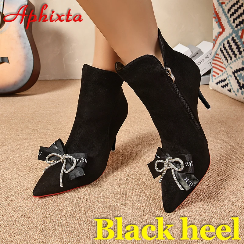 Aphixta Crystals Flower Winter Stilettos Heels Zip Warm Ankle Boots Women Just For You Letter Flock Shoes Super Big Size 50