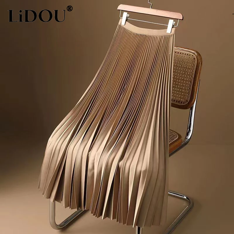 

Spring Autumn Elegant Solid All-match Fashion Pleated Skirt Women Pleated High Waist Satin Skirts Sexy Chic Trend Female Clothes