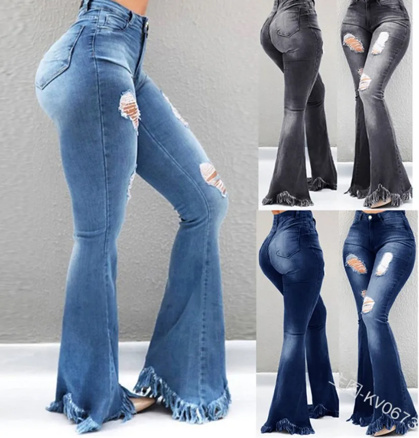 

2023 Full Length Denim Flare Capris Pants Pocket Holes Bell Bottom Trousers Boot Cut Ruffle Denim Pants Women Flare Jeans