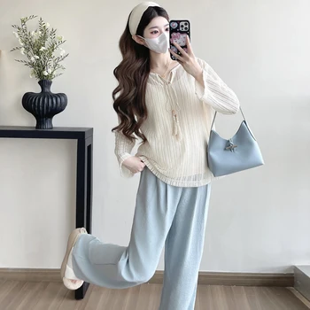 Women's Maternity Set – Summer Cotton Pregnancy Outfit Casual Two-Piece Top & Trousers Breathable Pregnant Woman Pants Suits