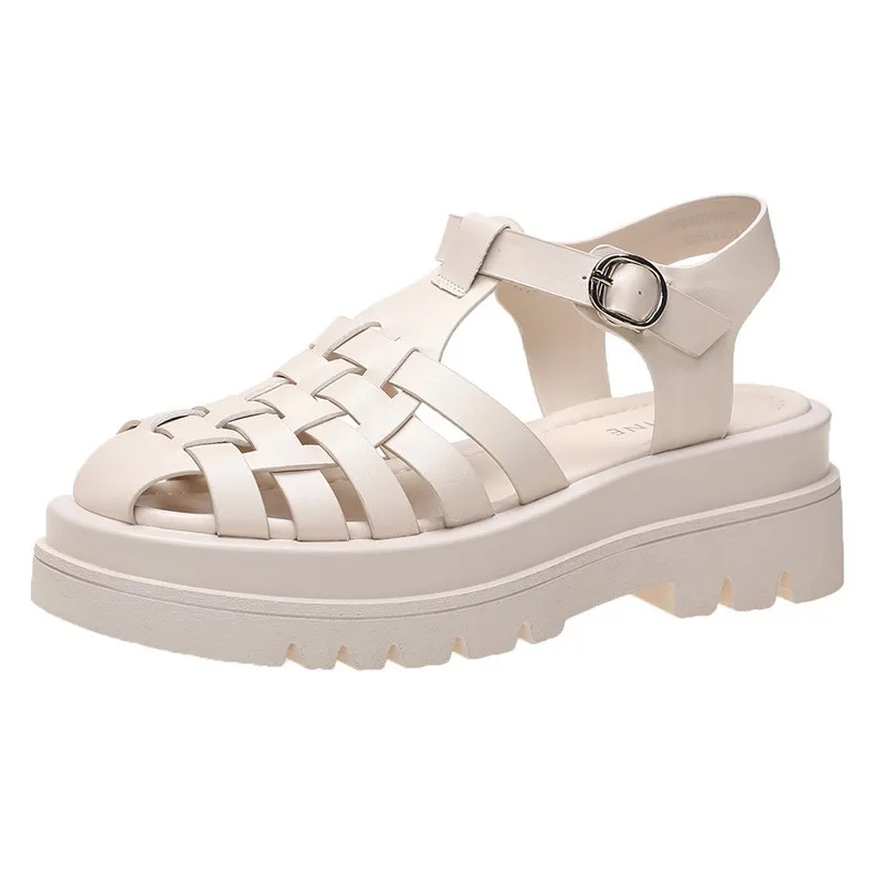 

Summer Trendy Women's Sandals Personalized Woven Upper 5.5CM Thick Bottom Increased Buckle Design Collocation Skirt Shorts