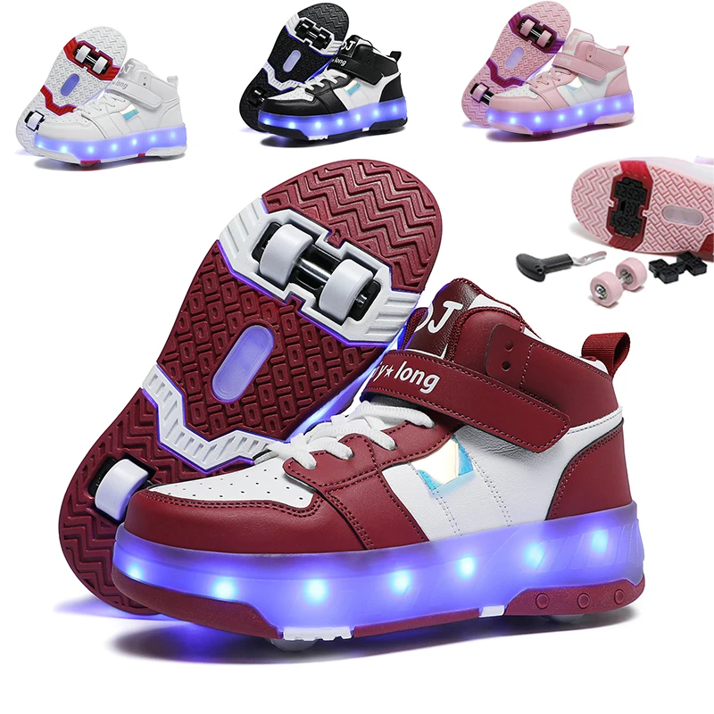 

USB Charging Children’s High Top Four Wheels Luminous Glowing Sneakers Led Light Roller Skates Kids Casual Shoes for Boys Girls