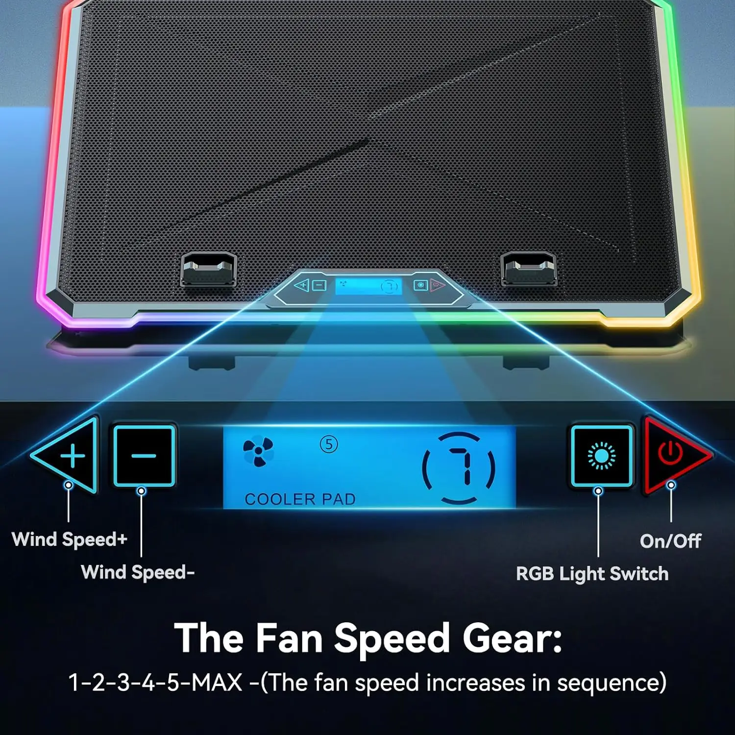 노트북 쿨러, 13 개의 조용한 냉각 팬, LED 조명, 2 USB 포트, 8 높이 조절 가능, 14-17 인치 노트북 태블릿 냉각 스탠드