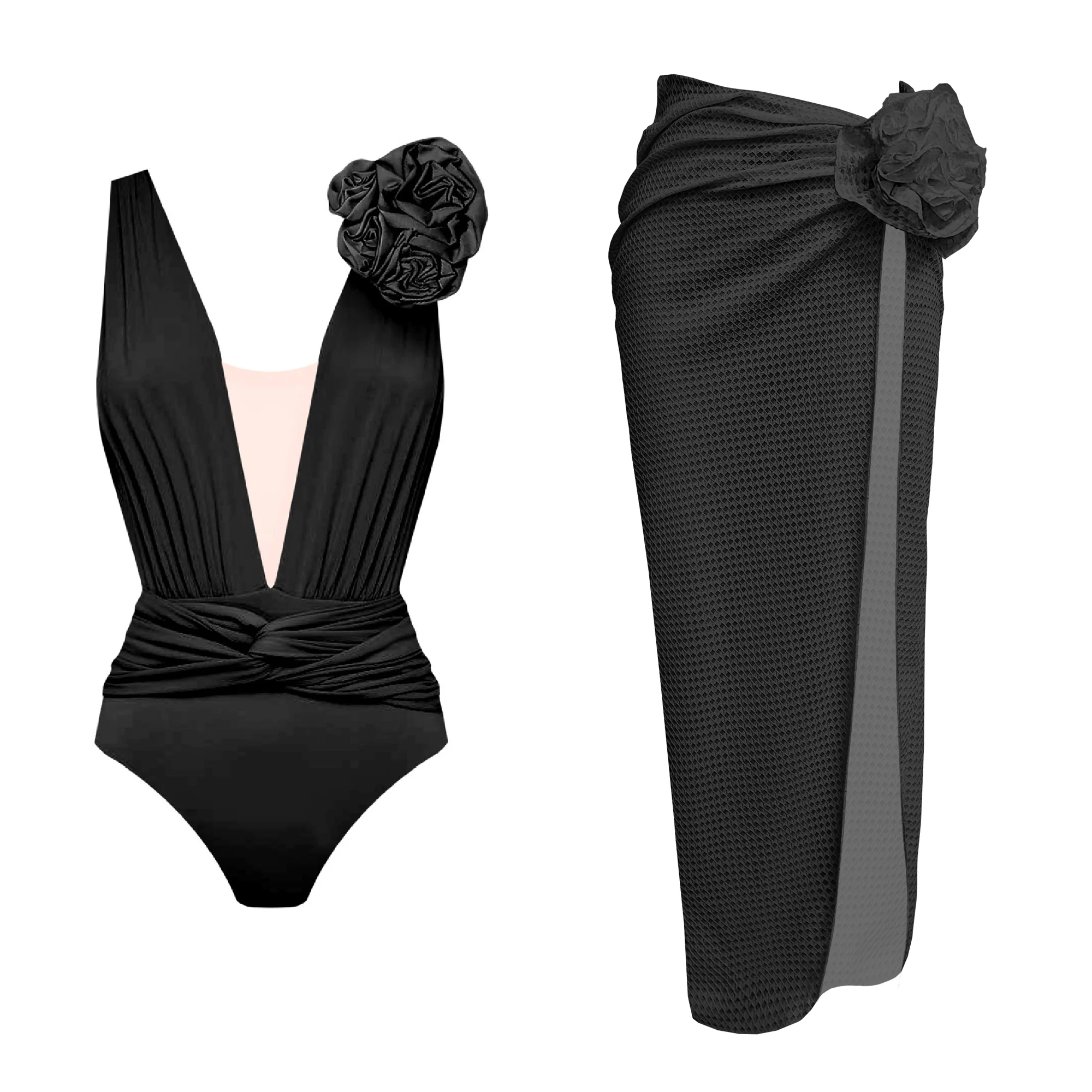 One Piece Swimsuit Women Swimwear with Beach Skirt V Neck Bathing Suit Flower Beachwear Monokini Swim Summer