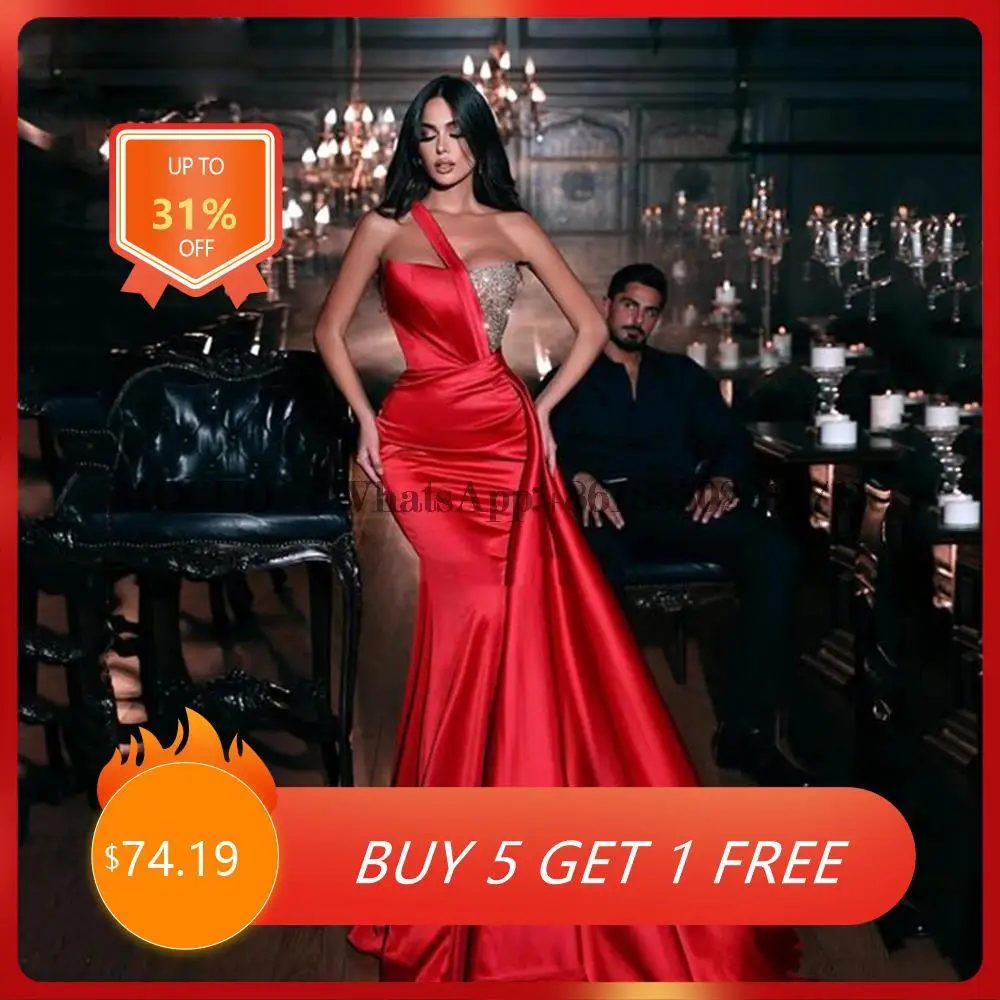 

Sexy Red Long Satin Mermaid Evening Dresses 2023 Glitter One Shoulder Pleated Party Prom Gown Dubai Robe De Soiree Zipper