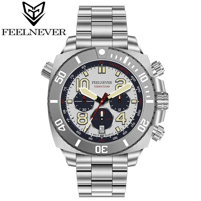 FeelNever 500M Diving Men Quartz Watch Big Dial Military Watch For Men Sapphire Crystal Sport Wristwatch Waterproof Chronograph