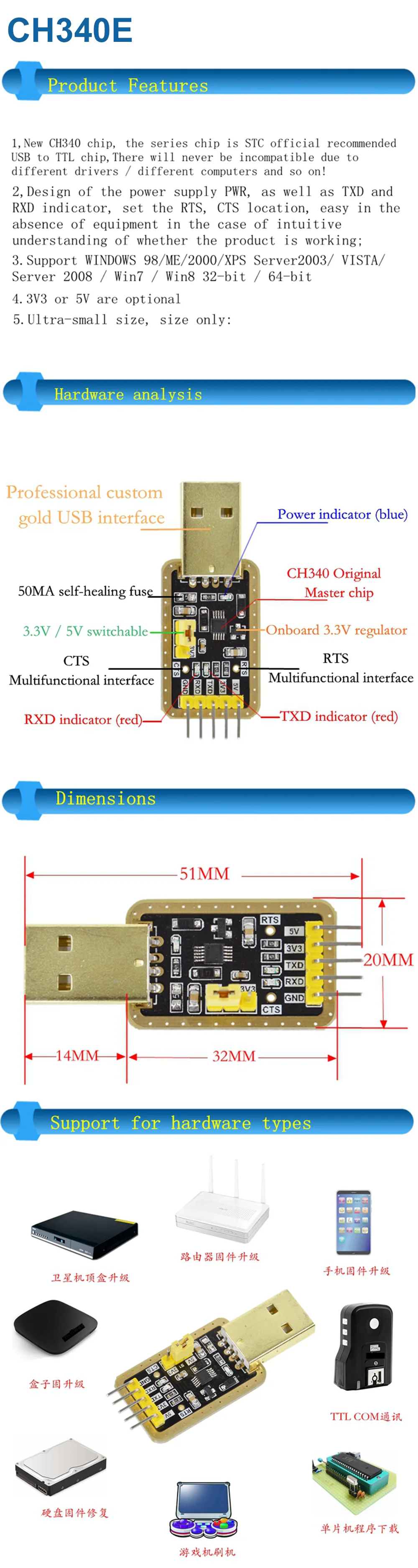 CH340G CH340E Modul USB zu TTL Konverter UART Modul CH340 3,3V 5V – Detail 1