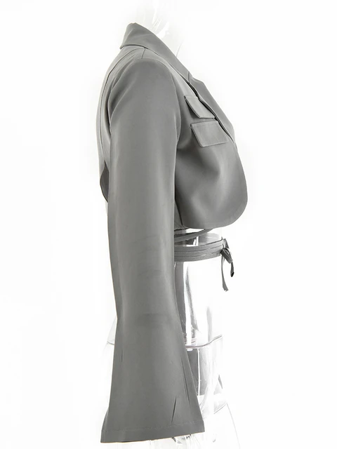 Articat Gray Double Layer Bandage Slim Blazer Women Long Sleeve Pocket Short Jacket Female Notched Collar Outwear Tops 2021 New 3