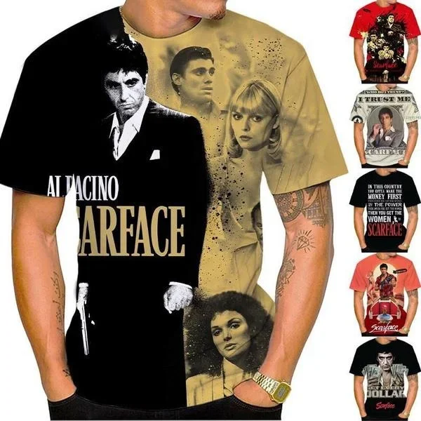 

2024 New Fashion Movie Scarface 3D Printed Men's Hip Hop Short Sleeve Summer Cool Fashion Round Neck T-Shirt