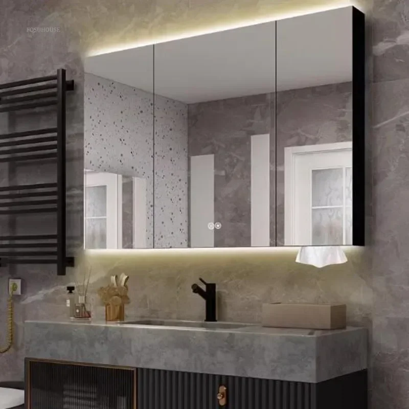 Modern Black Stainless Steel Bathroom Cabinet Wall Mounted Smart Demisting Bathroom Mirror Cabinets Mirror Storage Rack