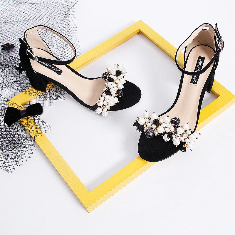 Black Suede Casual Women Sandals Open Toe Chunky Square Heel Pearl Flower Tassel Fashion Summer Shoes Daily Wear Ankle Strap