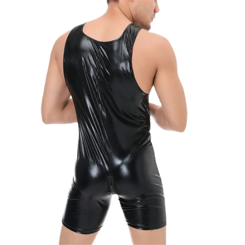 Men underwear PU leather bodysuits wrestling singlet zipper open crotch boxers jumpsuits leotard