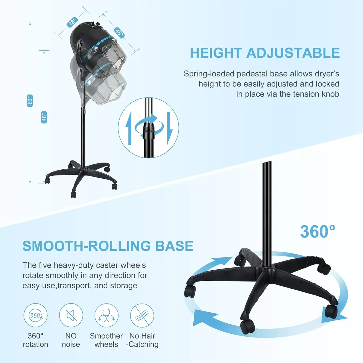 Microdermabrasion Professional Hooded Floor Hair Dryer Adjustable Bonnet Hair Dryer Stand Up with Timer and Rolling Wheels for B 4