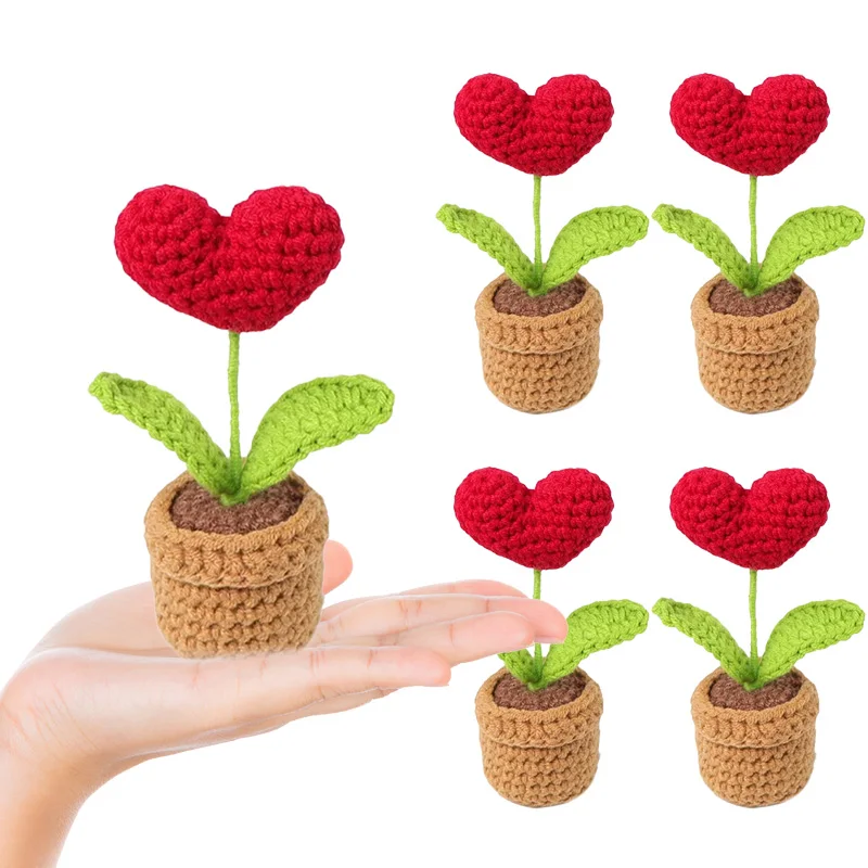 Handmade Knitted Flower Pot Red Heart Shaped Fake Potted Plant Christmas Valentine's Day Mothers Day Gift Home Table Decoration