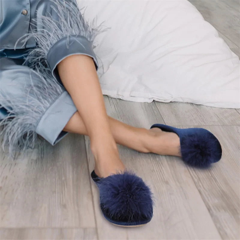 Pallene Winter Fluffy Fur Slippers For Women Soft Fuzzy Feather Slippers Indoor Bedroom Shoes Sexy Memory Foam House Flat Shoes