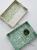 Luxury Rectangle Green Mother Of Pearls Tray With Two Handles Hand Crafted Home Tabletop Decor Storage Plate For Coffee Cups Set 1