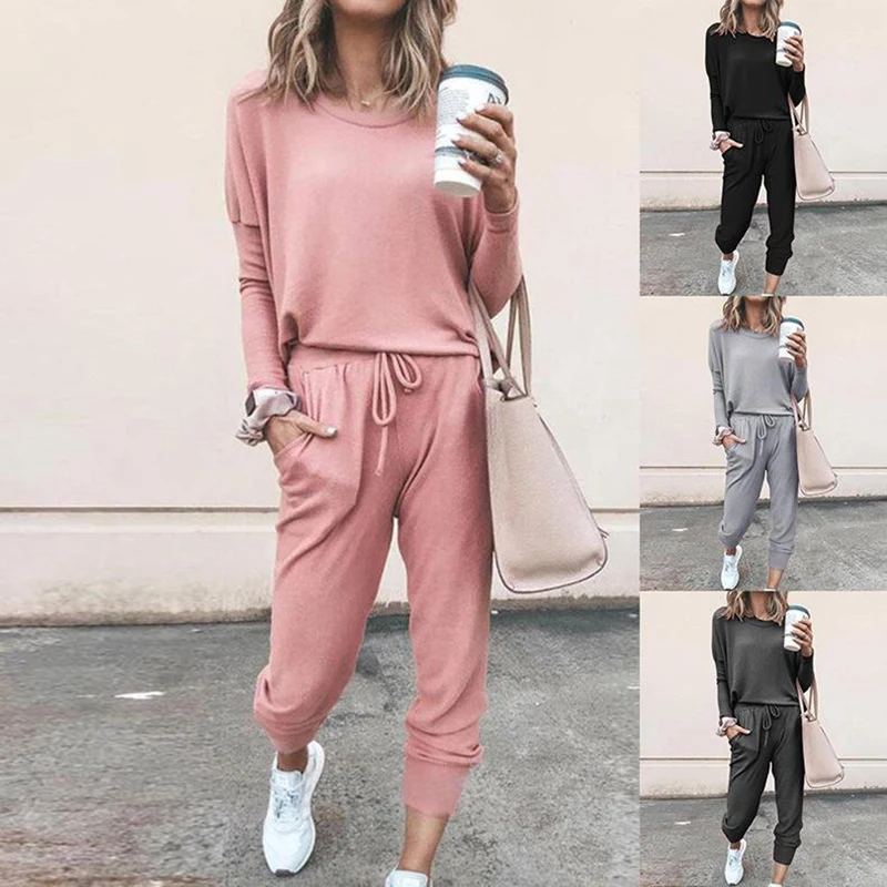 Spring Autumn Sportswear Fashion Women's Casual Pure Color Loose Hoodies Long sleeved Pullover with Sweatpants Two Pieces Set