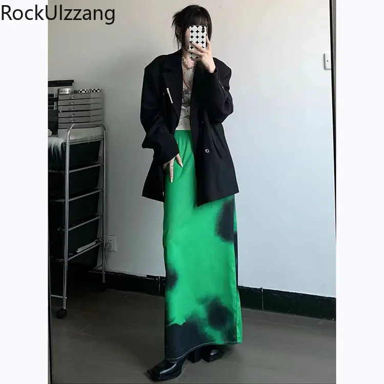 

Elastic Waist Black Print Green Maxi Long Skirt Harajuku Sexy Gothic Punk Midi Straight Skirts Japanese Street Hippie y2k Cloth