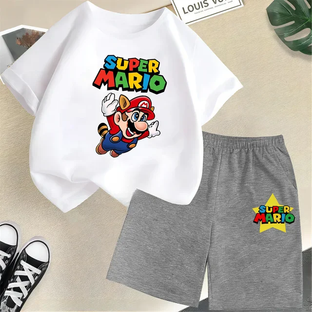 thumbnail image 1 of Conjunto de 2 piezas de camiseta y pantalones cortos de Mario de manga corta de verano para niños y niñas de 3 a 12 años, conjunto deportivo informal para niños, 1 of 5