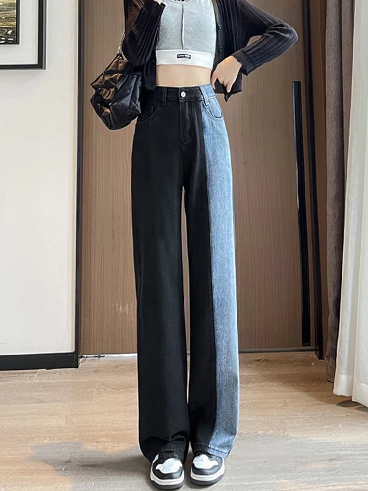 

Повседневные свободные джинсы с контрастной строчкой, с высокой талией и тонкими штанинами, новинка 2022, модная женская одежда в Корейском стиле