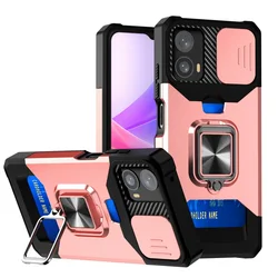 Multi-Functional Finger Ring Camera Protection Case with Card Slot - Armor Hybrid Cover for Moto G 5G 2023 (Rose Gold)