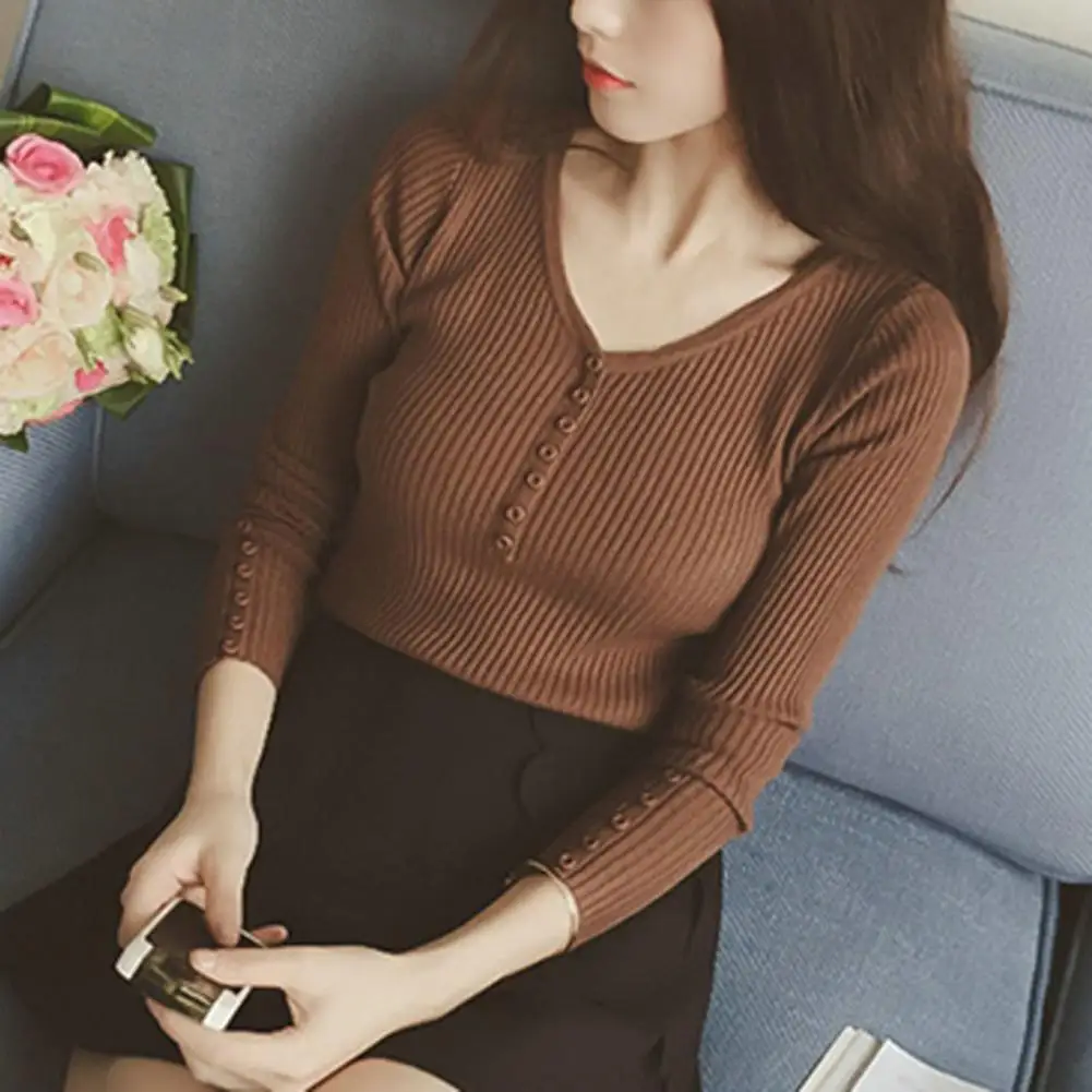 

Lightweight Women Top Chic V-neck Knitted Sweaters for Women Slim Fit Elastic Pullover Tops Solid Colors for Fall Winter