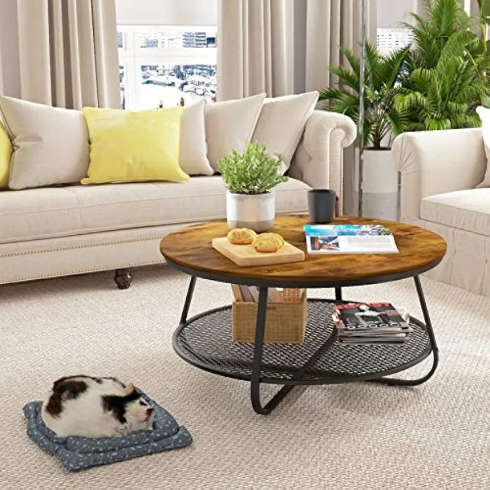 

Round Coffee Table Round With Open Storage End Tables Basses 35.8" Industrial 2-Tier Circular Coffee Table for Living Room Coffe