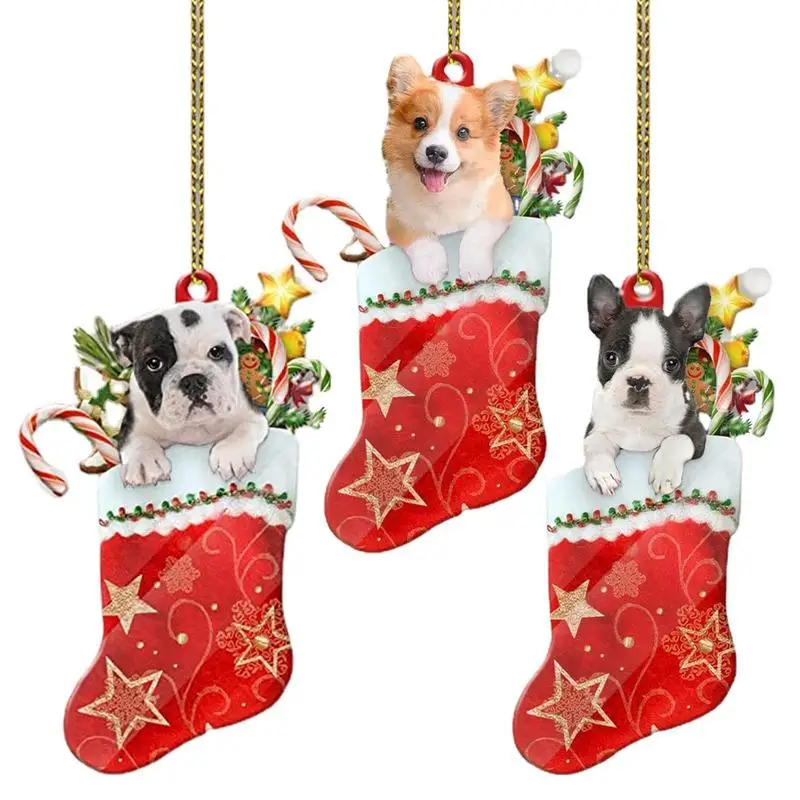 

Mini Christmas Stocking Ornaments Flat Acrylic Charm Pendant Dog Ornaments DIY Crafting Pet Theme Farmhouse Decor With Rope For