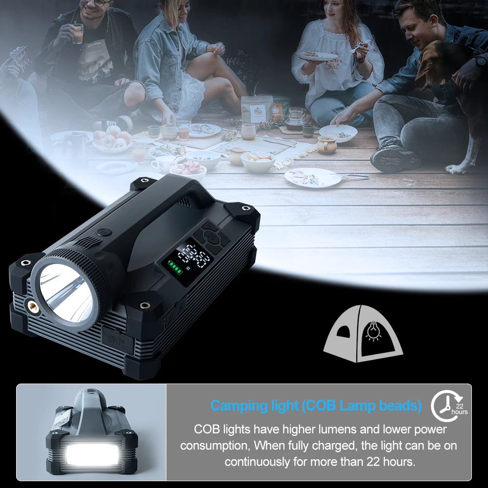 Car Jump Starter 6000A/12V with Air Compressor Tire Inflator 15W Flashlight 65W Power Bank For Car Camping