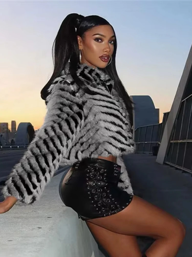 Nibber Furry Jacker Women Gradient Zebra Stripes Zipper Casual Warm Winner New Trend Street Fashion Classic Comfortable Coat