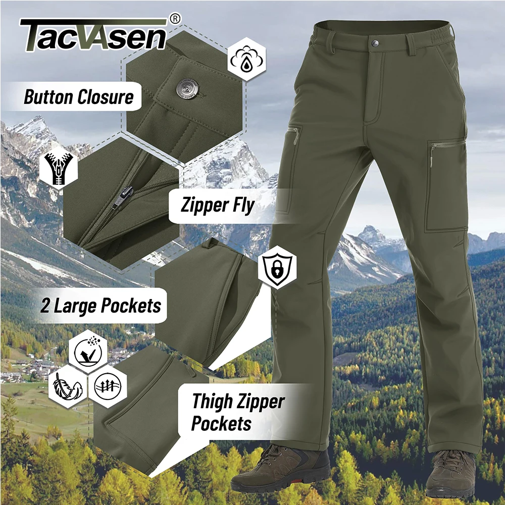 TACVASEN 지퍼 포켓 겨울 따뜻한 양털 바지 남성 하이킹 작업 바지 Softshell 낚시 카고 바지 캠핑 야외 바지