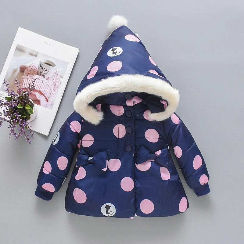 Children's Cotton Jacket Autumn and Winter Girl Cartoon Big Dot Little Cat Full Body Printed Bow Kids Jackets