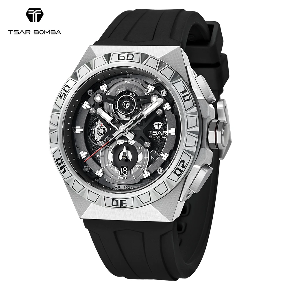 

TSAR BOMBA Luxury Watch for Men Quartz Big Wristwatch Top Brand Clock Rubber strap Chronograph Sapphire Waterproof Mens Watches