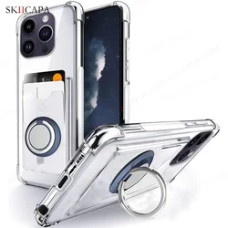 Ring Holder Wallet Card Slot Phone Case with Airbag Shockproof Soft Silicone Transparent Cover for xiaomi 14T pro (Blue)